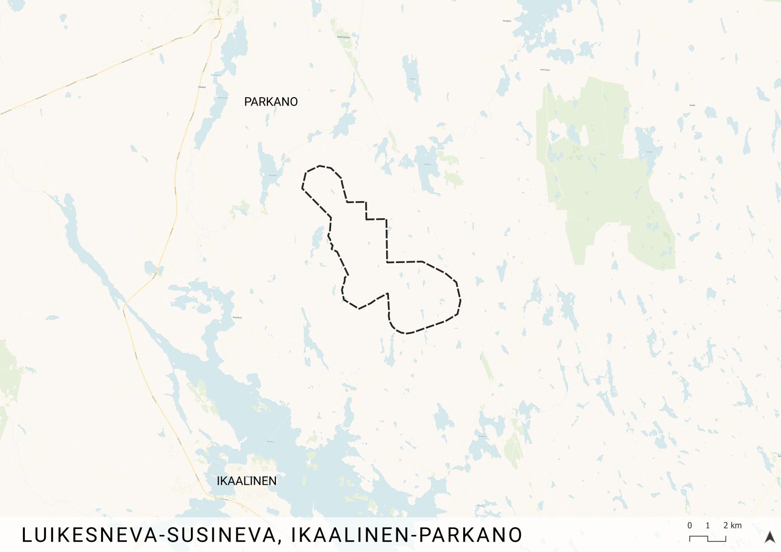 Kartta, jossa esitetään hankealueen rajaus. Hankealueelta on noin 10 km Parkanon ja noin 11 km Ikaalisten keskustaajamaan.